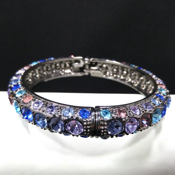 Vintage 1990s Rainbow Rhinestone Bracelet Hinged Magnetic Clasp 7.75" Statement - Picture 2 of 9